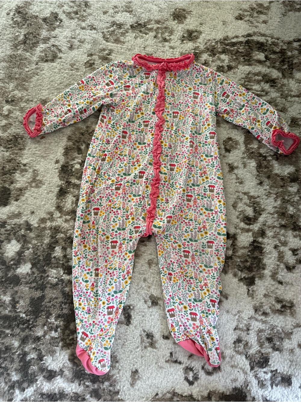 Magnetic Me Pink Floral Ruffle-Front Footed One-Piece